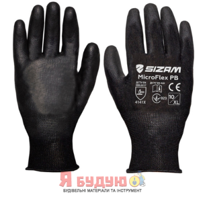Рукавички MicroFlex PB трикотажні чорні з поліуретановим покриттям неповний облив розм.10 арт.34007